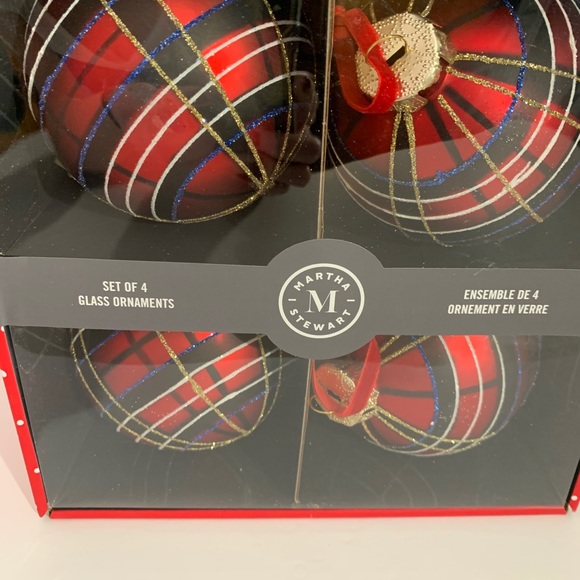 Martha Stewart Ornament Plaid Tartan Red Black Blue Glitter Glass Christmas - Picture 4 of 5